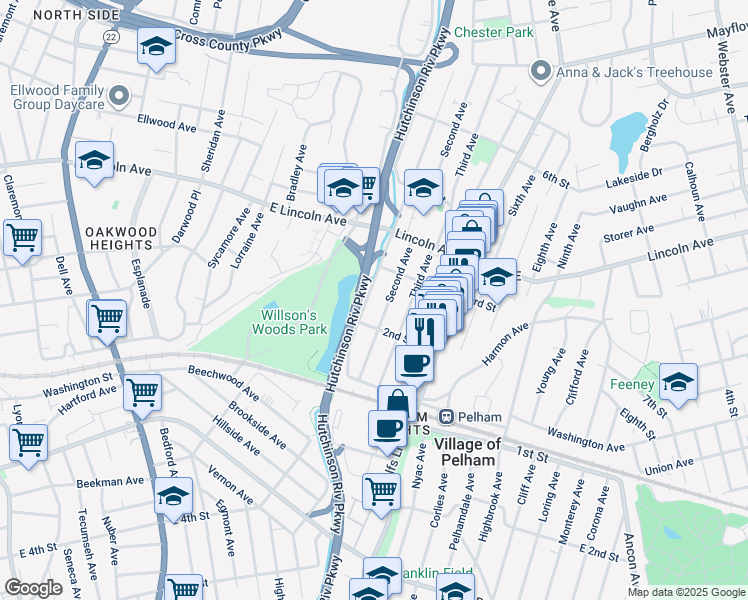 map of restaurants, bars, coffee shops, grocery stores, and more near 124 First Avenue in Village of Pelham