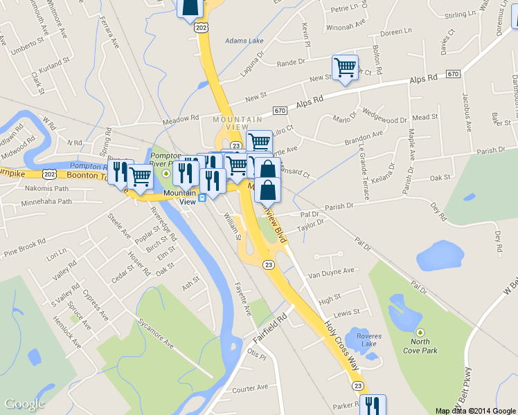 map of restaurants, bars, coffee shops, grocery stores, and more near 73 Mountainview Blvd in Wayne