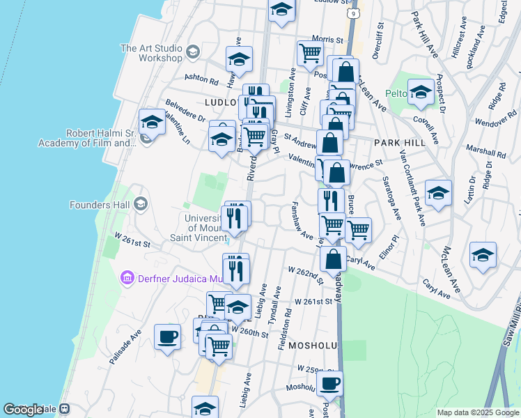 map of restaurants, bars, coffee shops, grocery stores, and more near 532 Riverdale Avenue in Yonkers
