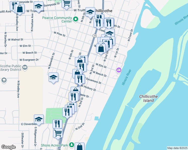 map of restaurants, bars, coffee shops, grocery stores, and more near 218 W Beech St in Chillicothe