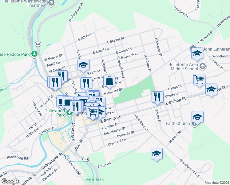 map of restaurants, bars, coffee shops, grocery stores, and more near 312 East Howard Street in Bellefonte