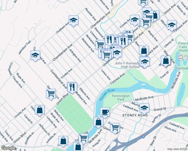 map of restaurants, bars, coffee shops, grocery stores, and more near 62 Arlington Avenue in Paterson