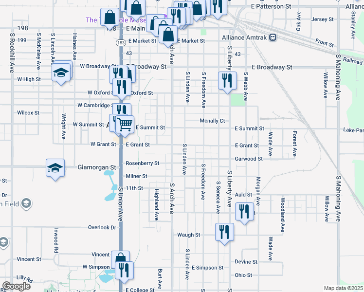 map of restaurants, bars, coffee shops, grocery stores, and more near 347 East Grant Street in Alliance