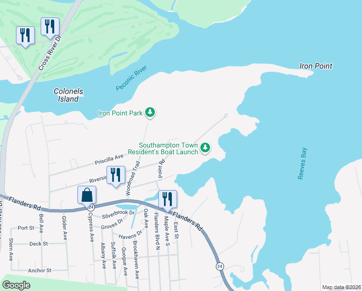 map of restaurants, bars, coffee shops, grocery stores, and more near 84 Point Road in Flanders