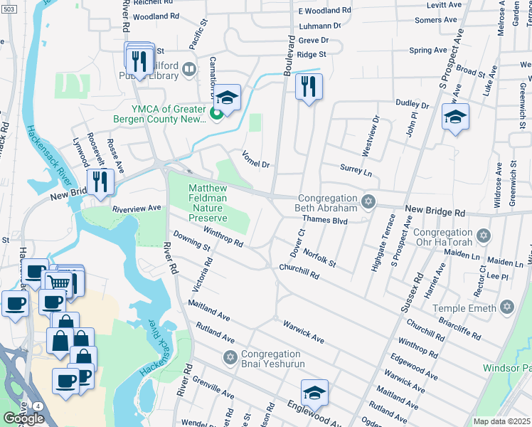 map of restaurants, bars, coffee shops, grocery stores, and more near 1673 Hanover Street in Teaneck
