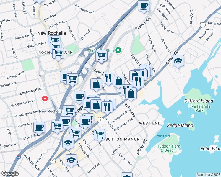 map of restaurants, bars, coffee shops, grocery stores, and more near 1 Radisson Plaza in New Rochelle