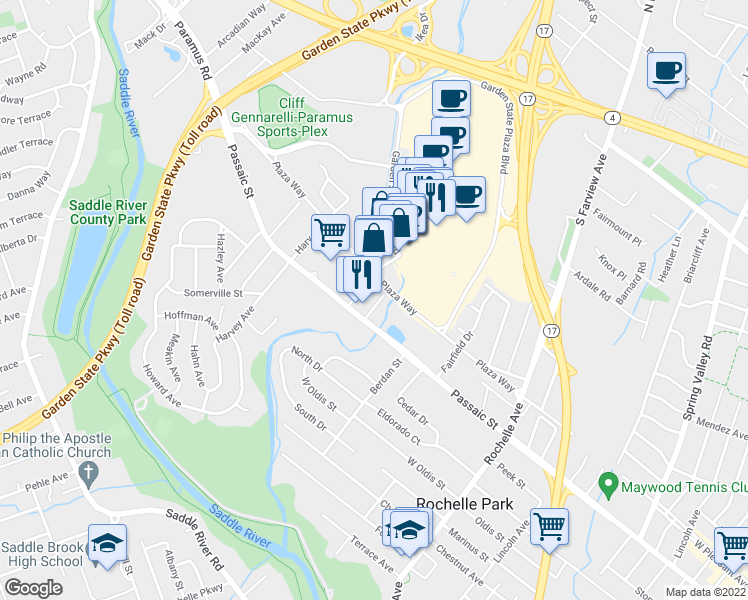 map of restaurants, bars, coffee shops, grocery stores, and more near 21 Lakeview Avenue in Rochelle Park