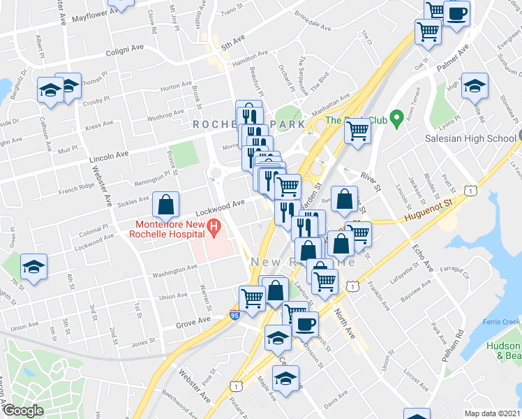 map of restaurants, bars, coffee shops, grocery stores, and more near 15 May Street in New Rochelle