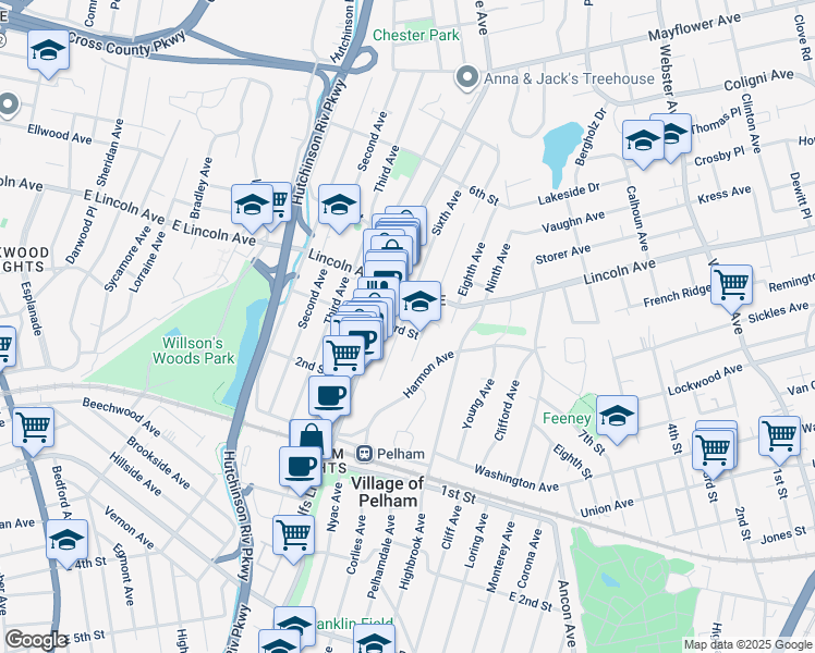 map of restaurants, bars, coffee shops, grocery stores, and more near 113 3rd Street in Village of Pelham