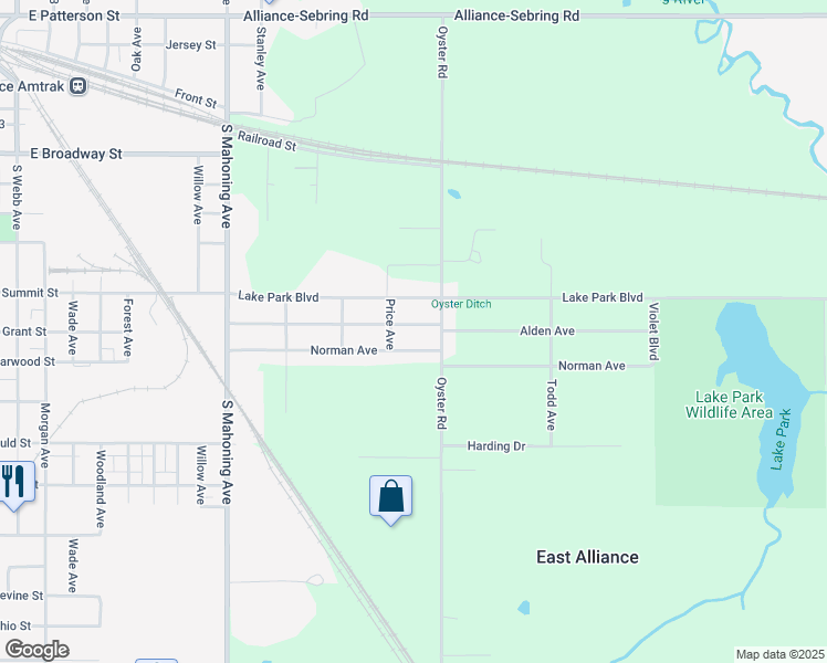 map of restaurants, bars, coffee shops, grocery stores, and more near 22471 Alden Avenue in Alliance