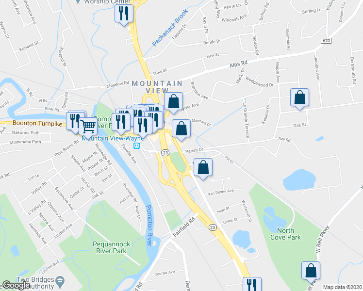 map of restaurants, bars, coffee shops, grocery stores, and more near 64 Boonton Turnpike in Wayne