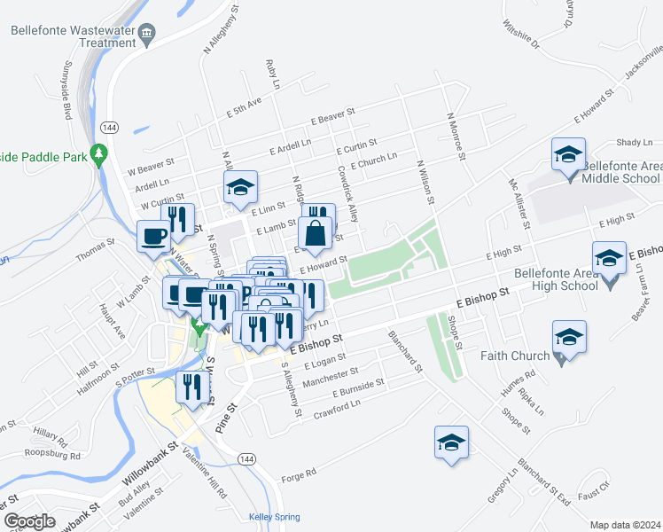 map of restaurants, bars, coffee shops, grocery stores, and more near 312 East Howard Street in Bellefonte