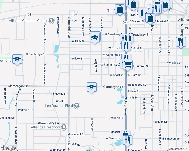 map of restaurants, bars, coffee shops, grocery stores, and more near 803 Wright Avenue in Alliance
