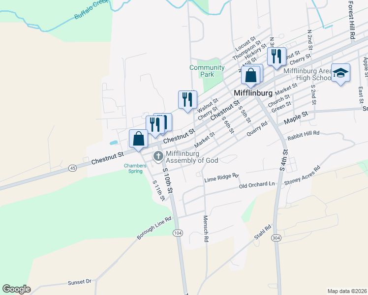 map of restaurants, bars, coffee shops, grocery stores, and more near 808 Market Street in Mifflinburg