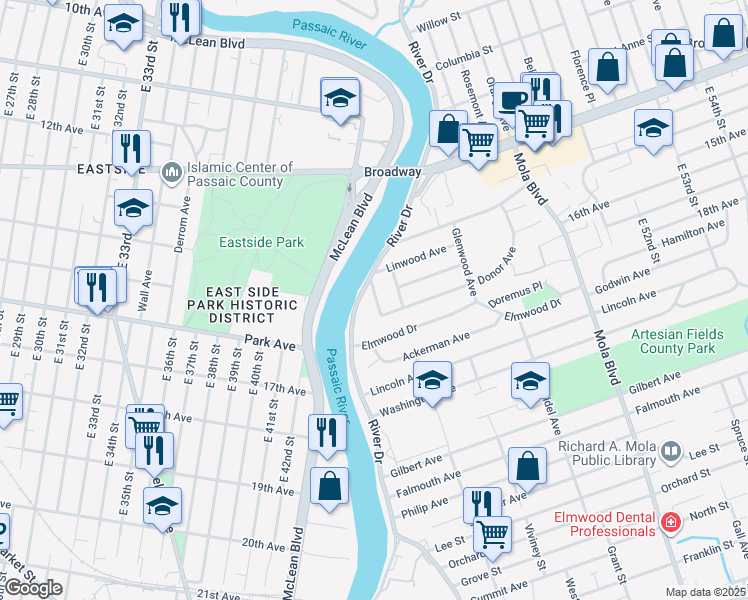 map of restaurants, bars, coffee shops, grocery stores, and more near 20 Greenwood Avenue in Elmwood Park