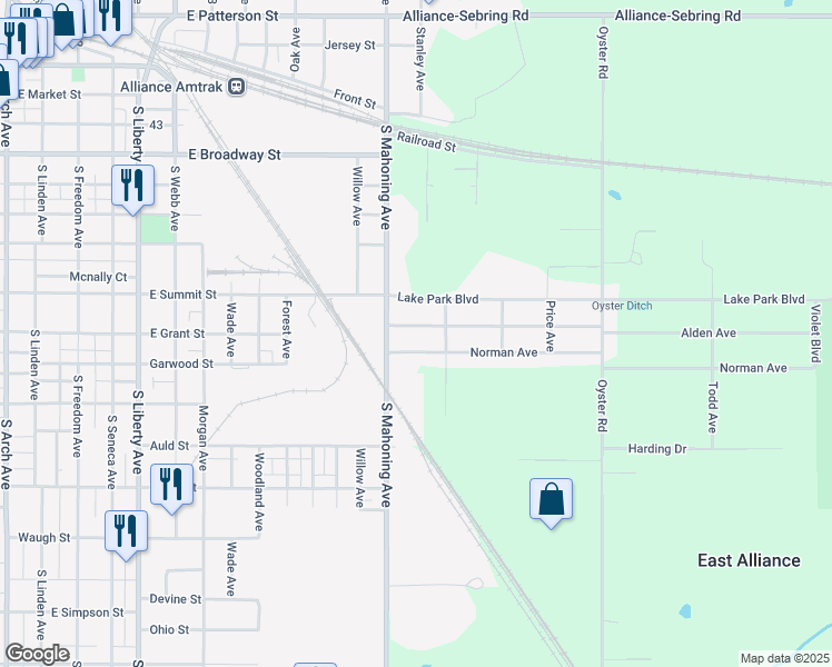 map of restaurants, bars, coffee shops, grocery stores, and more near 22839 Alden Avenue in Alliance