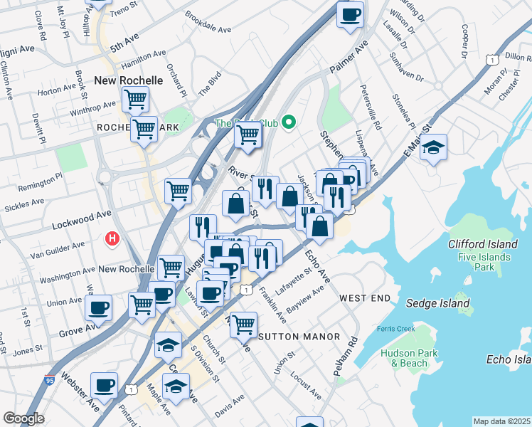 map of restaurants, bars, coffee shops, grocery stores, and more near 1 Radisson Plaza in New Rochelle