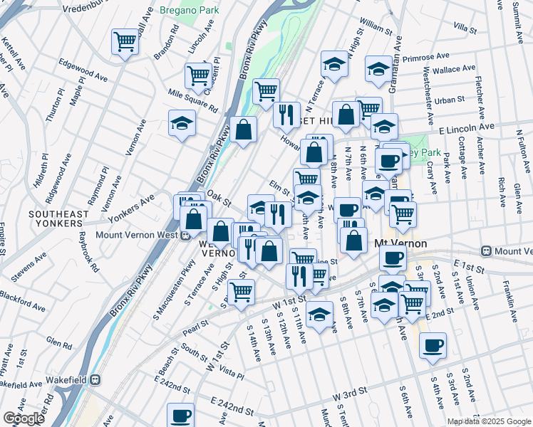map of restaurants, bars, coffee shops, grocery stores, and more near 115 North High Street in Mount Vernon