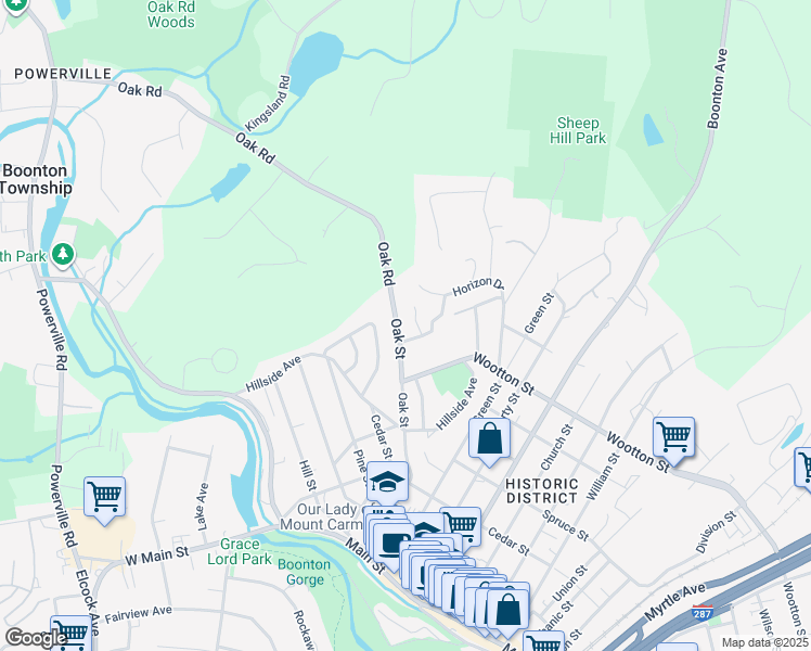 map of restaurants, bars, coffee shops, grocery stores, and more near 717 Oak Street in Boonton