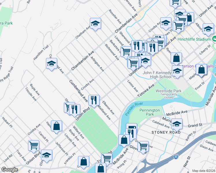 map of restaurants, bars, coffee shops, grocery stores, and more near 88 Burlington Avenue in Paterson