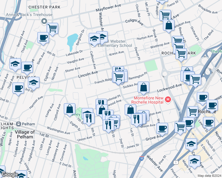 map of restaurants, bars, coffee shops, grocery stores, and more near 239 Sickles Avenue in New Rochelle