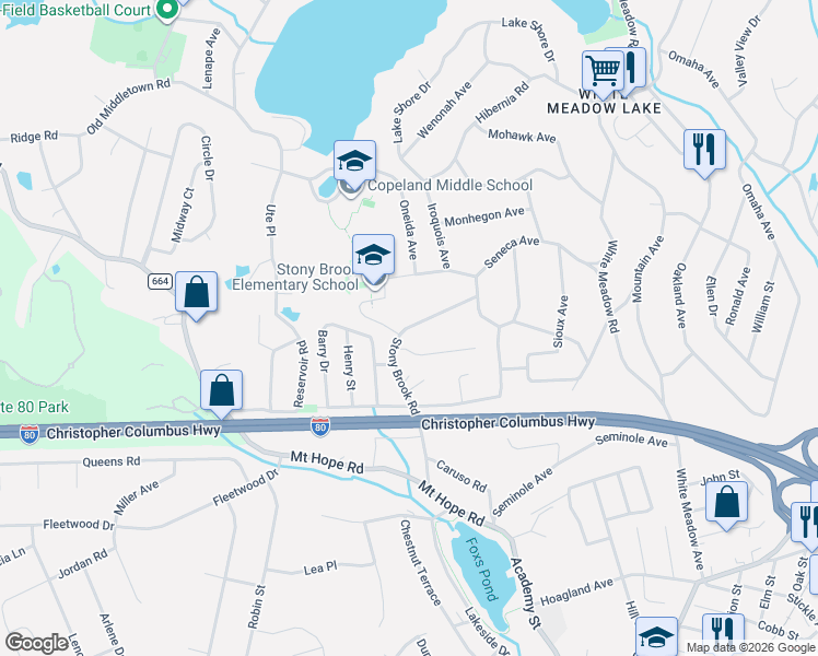 map of restaurants, bars, coffee shops, grocery stores, and more near 25 Stony Brook Road in Rockaway