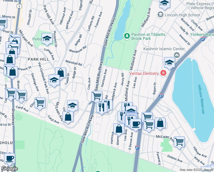 map of restaurants, bars, coffee shops, grocery stores, and more near 177 Tibbetts Road in Yonkers