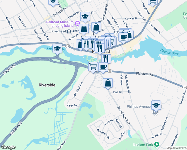map of restaurants, bars, coffee shops, grocery stores, and more near 15 Lake Avenue in Riverhead