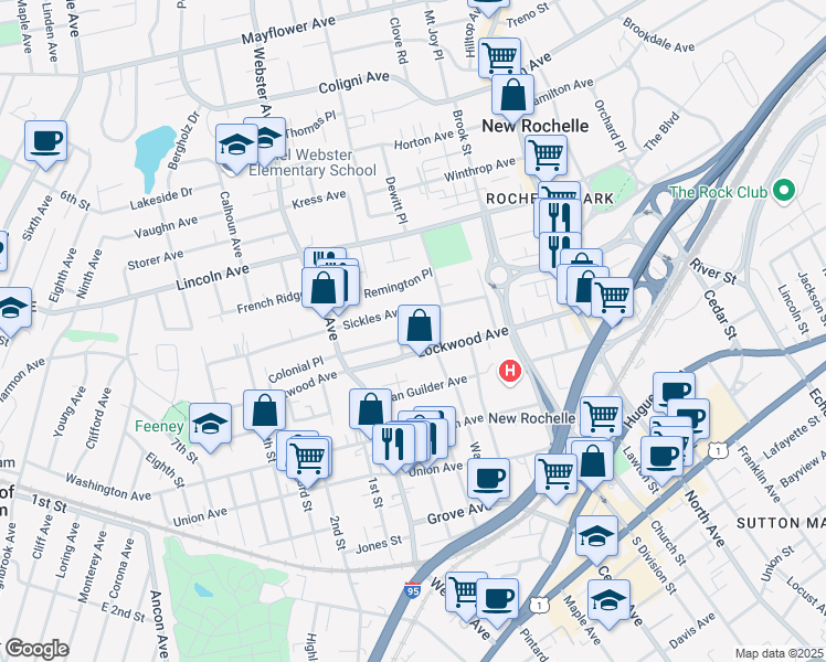 map of restaurants, bars, coffee shops, grocery stores, and more near 19 Sickles Place in New Rochelle