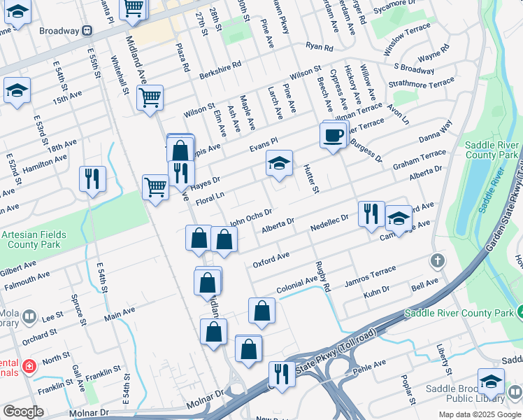 map of restaurants, bars, coffee shops, grocery stores, and more near 267 John Ochs Drive in Saddle Brook