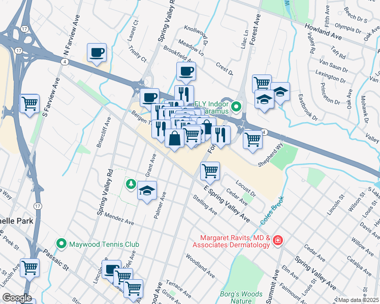 map of restaurants, bars, coffee shops, grocery stores, and more near 1 Bergen Town Center in Paramus