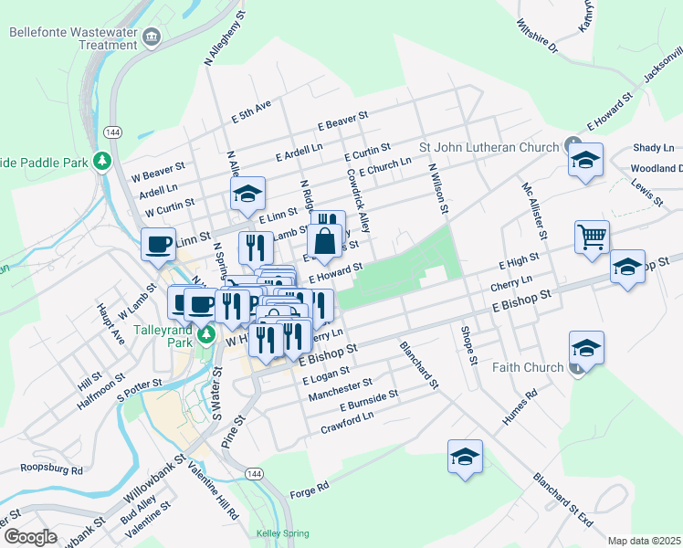map of restaurants, bars, coffee shops, grocery stores, and more near 312 East Howard Street in Bellefonte