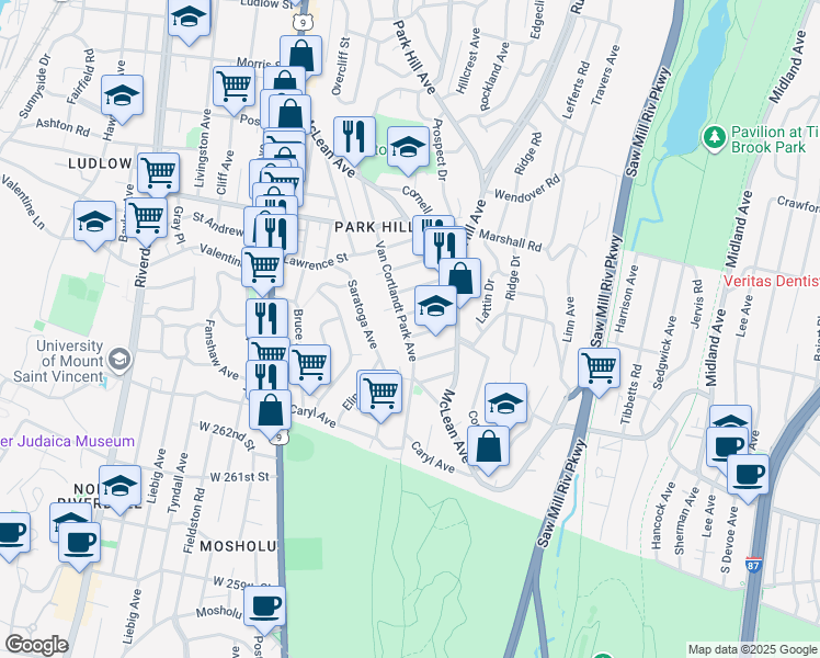 map of restaurants, bars, coffee shops, grocery stores, and more near 550 Van Cortlandt Park Avenue in Yonkers