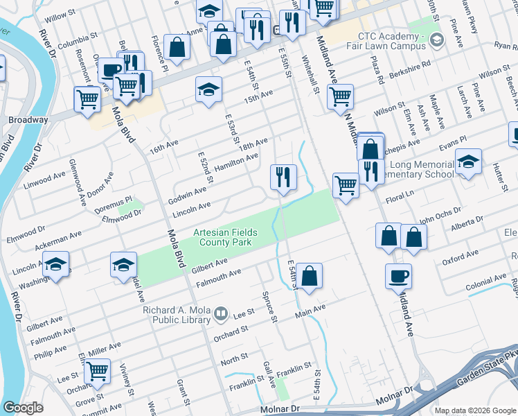 map of restaurants, bars, coffee shops, grocery stores, and more near 46 East Washington Avenue in Elmwood Park