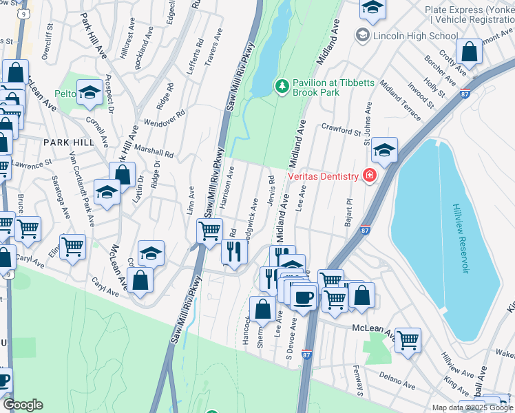 map of restaurants, bars, coffee shops, grocery stores, and more near 210 Sedgwick Avenue in Yonkers