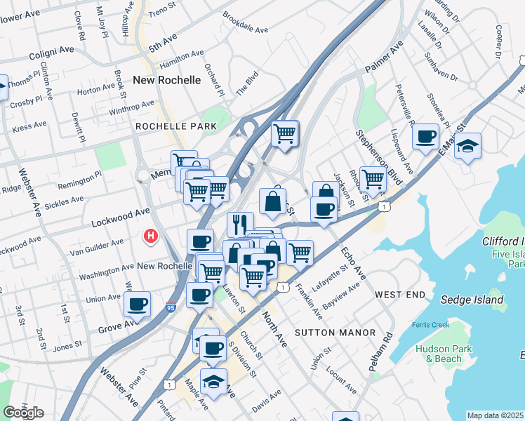 map of restaurants, bars, coffee shops, grocery stores, and more near 10 Commerce Drive in New Rochelle