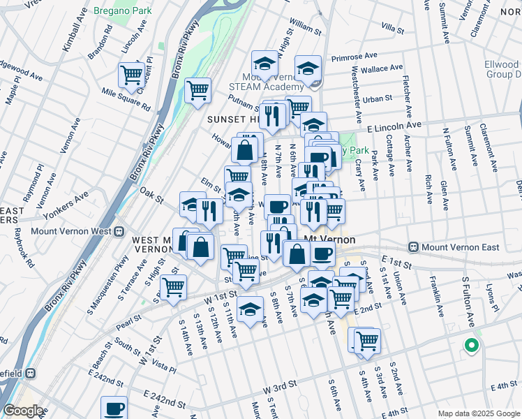 map of restaurants, bars, coffee shops, grocery stores, and more near 68 North 9th Avenue in Mount Vernon