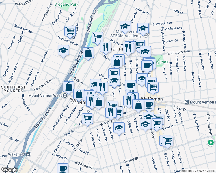 map of restaurants, bars, coffee shops, grocery stores, and more near 197 West Lincoln Avenue in Mount Vernon