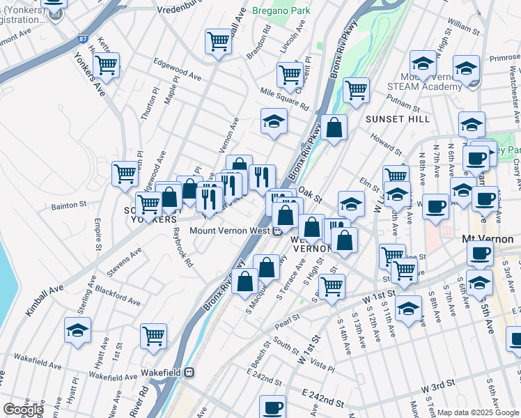 map of restaurants, bars, coffee shops, grocery stores, and more near 413 Bronx River Road in Yonkers