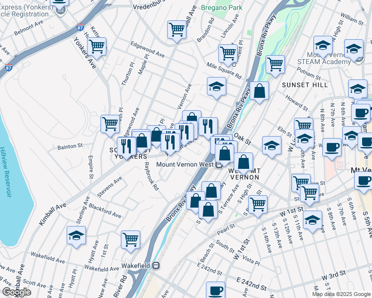 map of restaurants, bars, coffee shops, grocery stores, and more near 15 Overhill Place in Yonkers