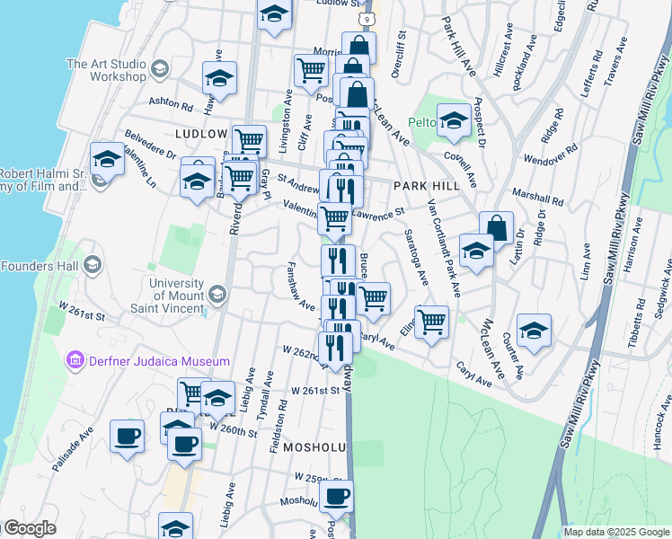 map of restaurants, bars, coffee shops, grocery stores, and more near 40 Leighton Avenue in Yonkers