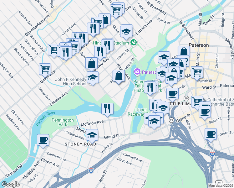 map of restaurants, bars, coffee shops, grocery stores, and more near 68 Front Street in Paterson
