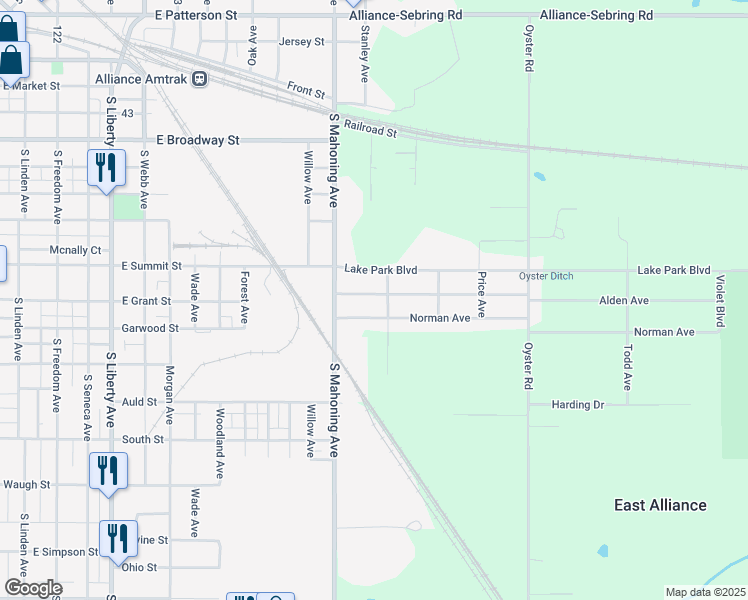 map of restaurants, bars, coffee shops, grocery stores, and more near 22839 Alden Avenue in Alliance