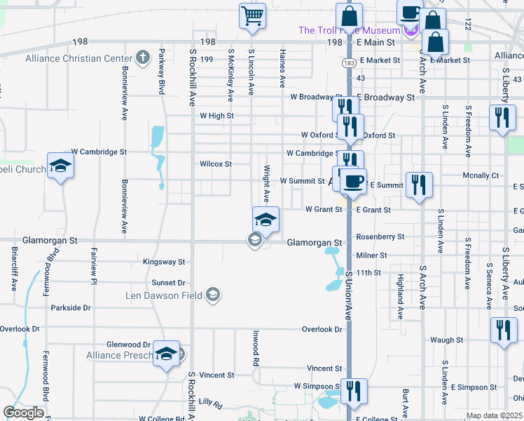 map of restaurants, bars, coffee shops, grocery stores, and more near 803 Wright Avenue in Alliance