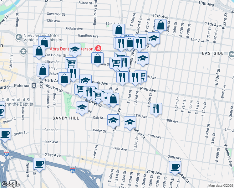 map of restaurants, bars, coffee shops, grocery stores, and more near 789 East 19th Street in Paterson