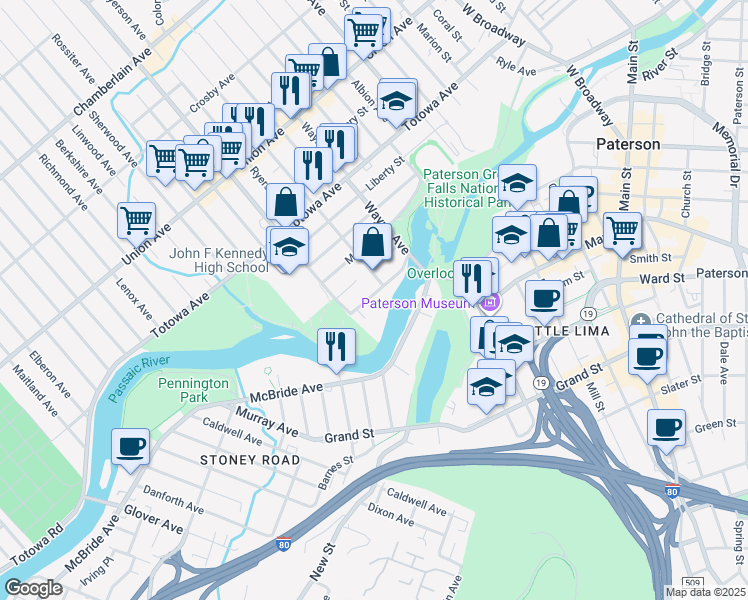 map of restaurants, bars, coffee shops, grocery stores, and more near 68 Front Street in Paterson