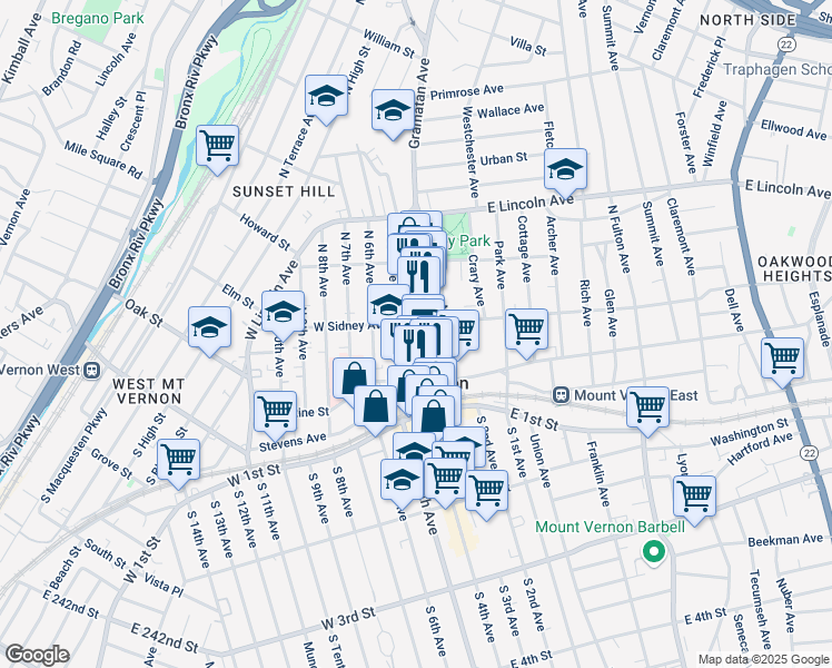 map of restaurants, bars, coffee shops, grocery stores, and more near 102 Gramatan Avenue in Mount Vernon