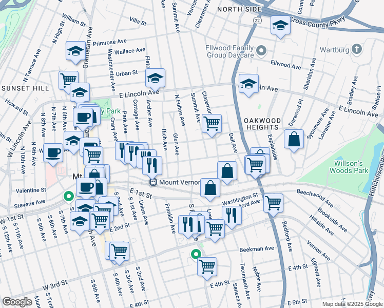 map of restaurants, bars, coffee shops, grocery stores, and more near 63 North Fulton Avenue in Mount Vernon