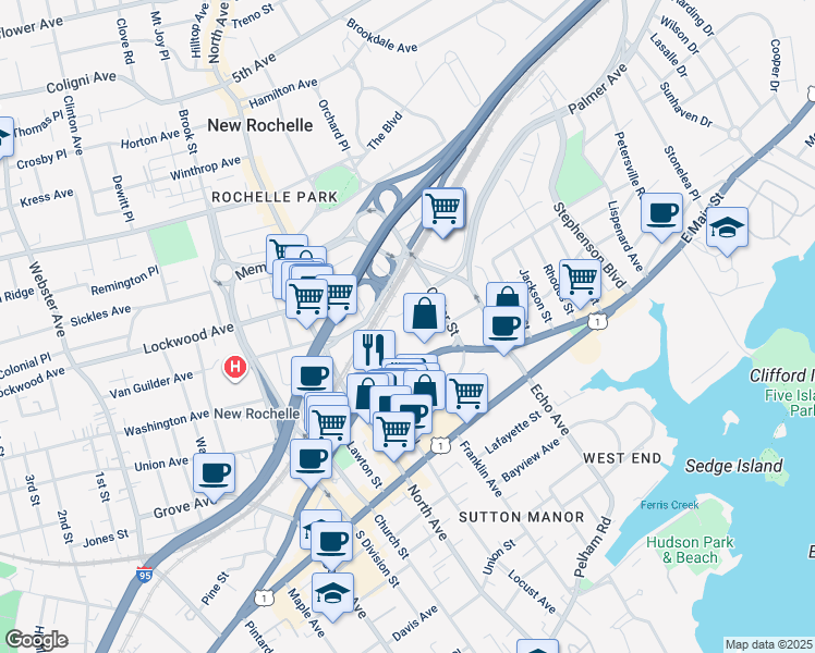 map of restaurants, bars, coffee shops, grocery stores, and more near 10 Commerce Drive in New Rochelle
