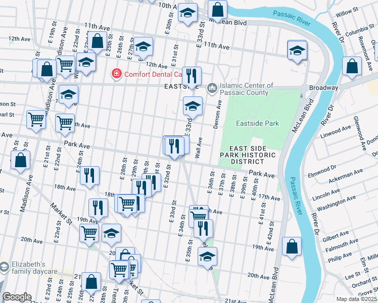 map of restaurants, bars, coffee shops, grocery stores, and more near 291 East 33rd Street in Paterson